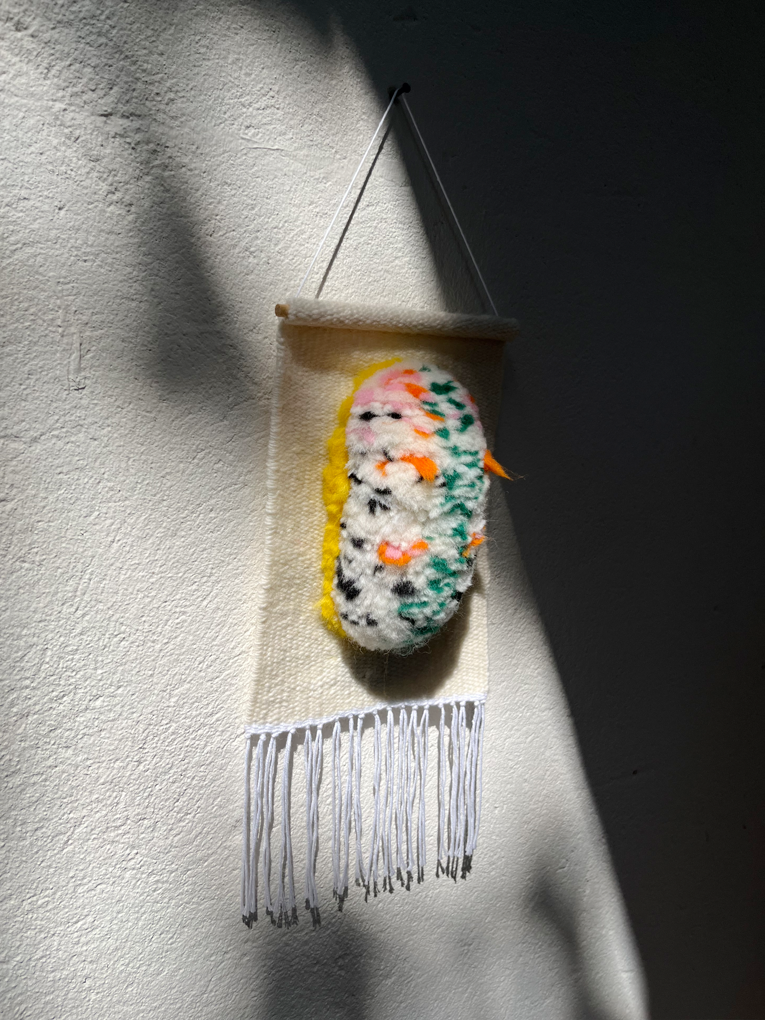 Handwoven wall hanging with speckled sea slug creature in green, orange, and pink, hanging on a textured wall